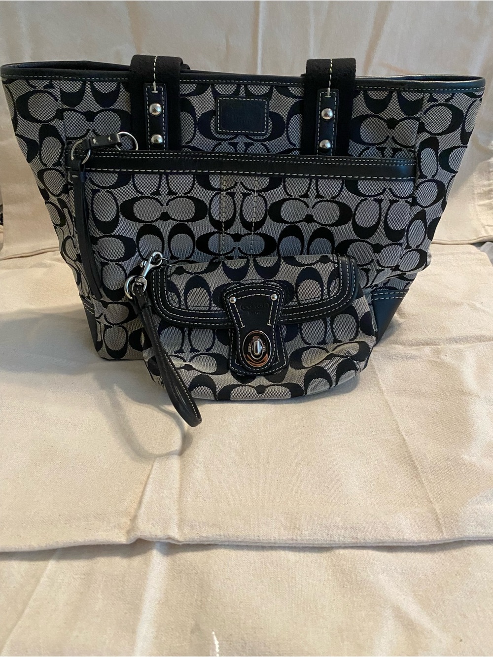 Coach Black and Gray Signature Canvas Tote with Wristlet